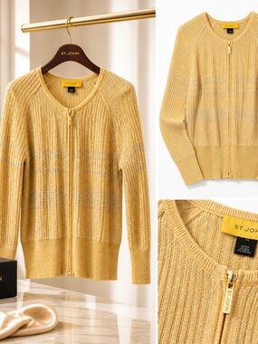 St. John Gold Ribbed Knit Zip Cardigan Petite P Metallic Luxury Sweater